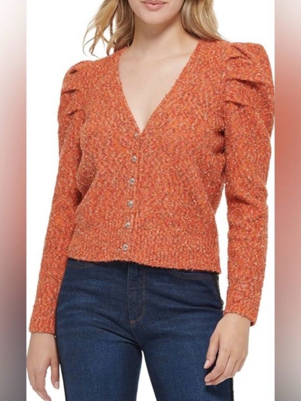 Karl Lagerfeld Orange Textured V-Neck Button Cardigan